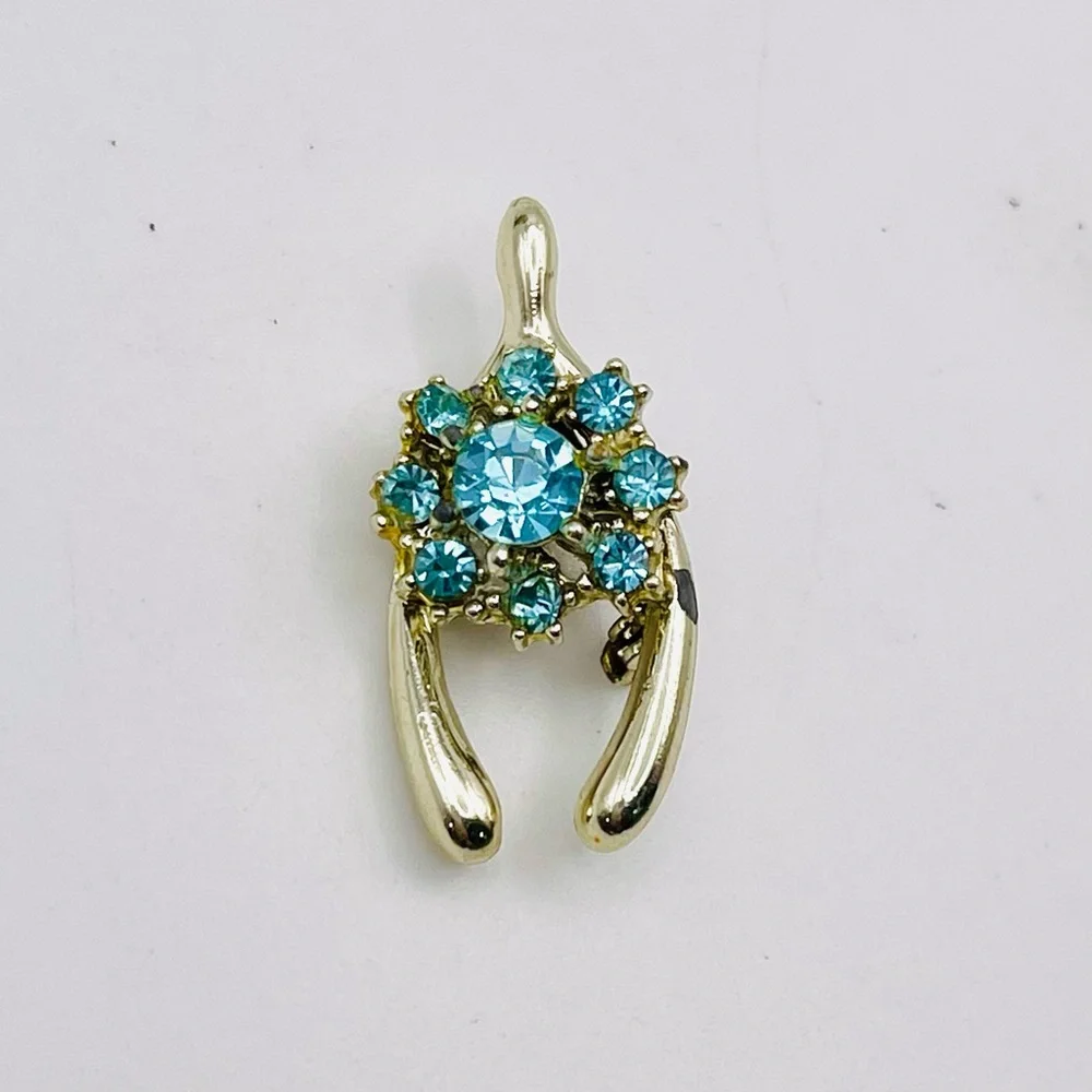 Darling Dainty Vintage Blue Rhinestone Wishbone Brooch Petite Estate Pc
